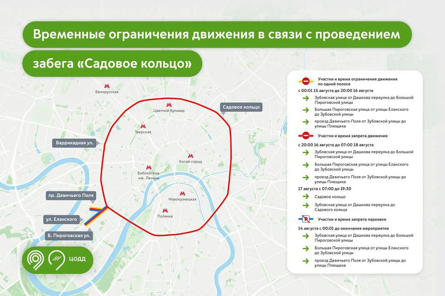 Садовое кольцо полностью перекроют для проведения забега 17 августа